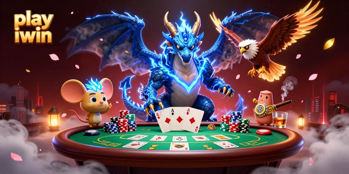 Play iwin with an electrifying 3D illustration of a dragon, hawk, and mouse in a dynamic casino scene.