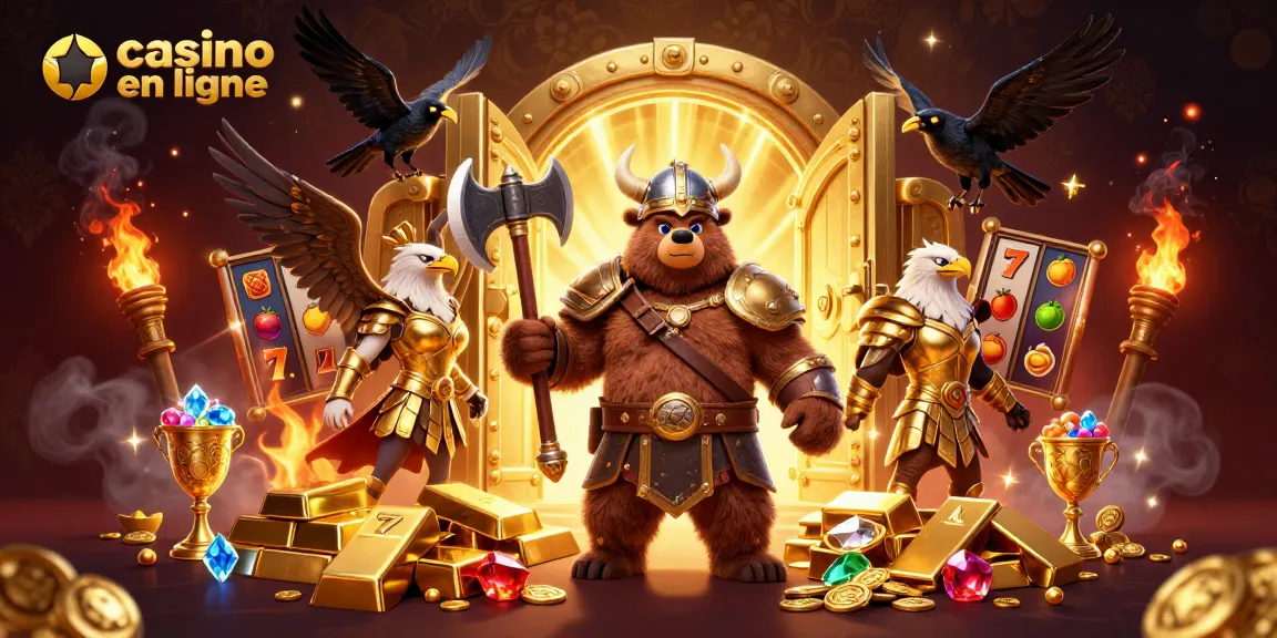 Jouer au casino en ligne avec un ours viking et une aigle valkyrie dans un décor riche de trésors.