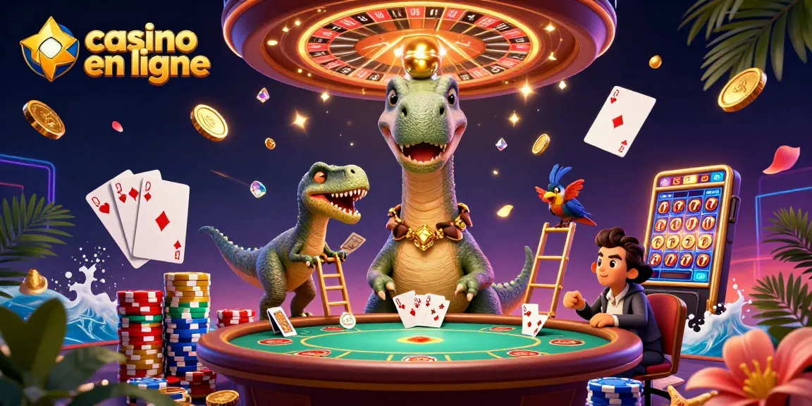 Illustration dynamique représentant le casino en ligne avec des personnages de dinosaures jouant aux cartes et des jetons de poker scintillants.