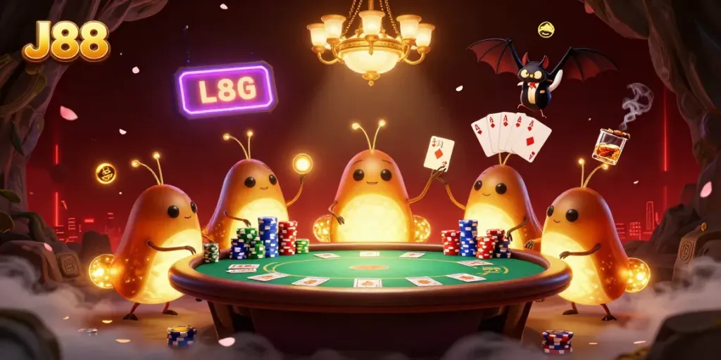 Illuminate your wins with J88 in this vibrant casino scene featuring glowworms and engaging game elements.