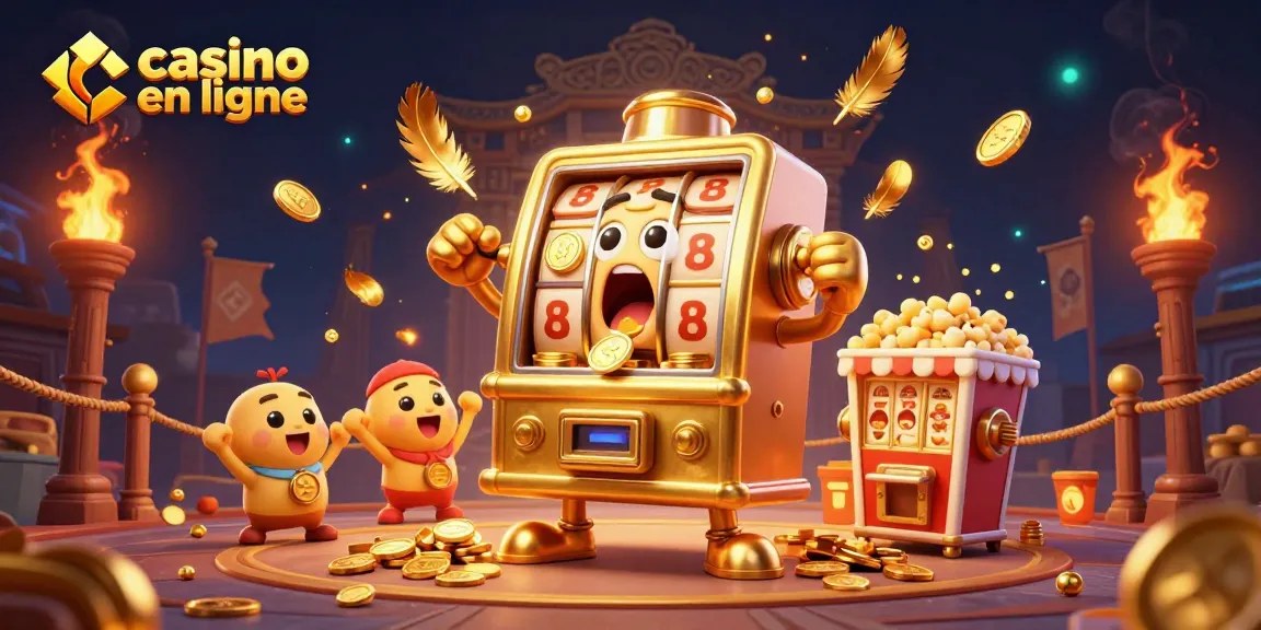 Jouez au casino en ligne avec des machines à sous dorées éclatantes et une ambiance festive.