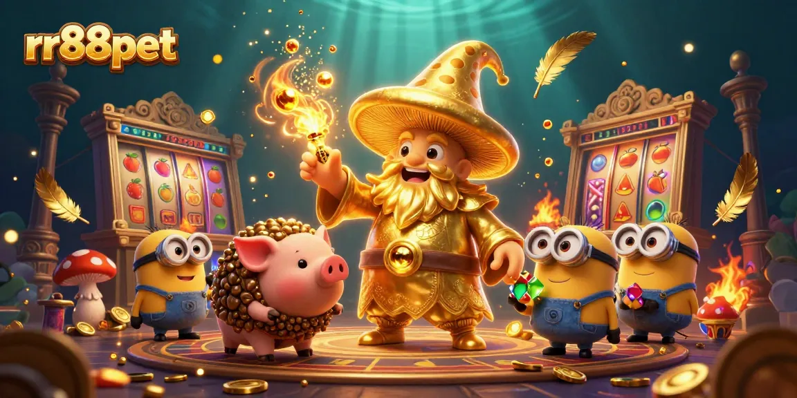 Win big at rr88pet with magical characters and a bustling casino background.