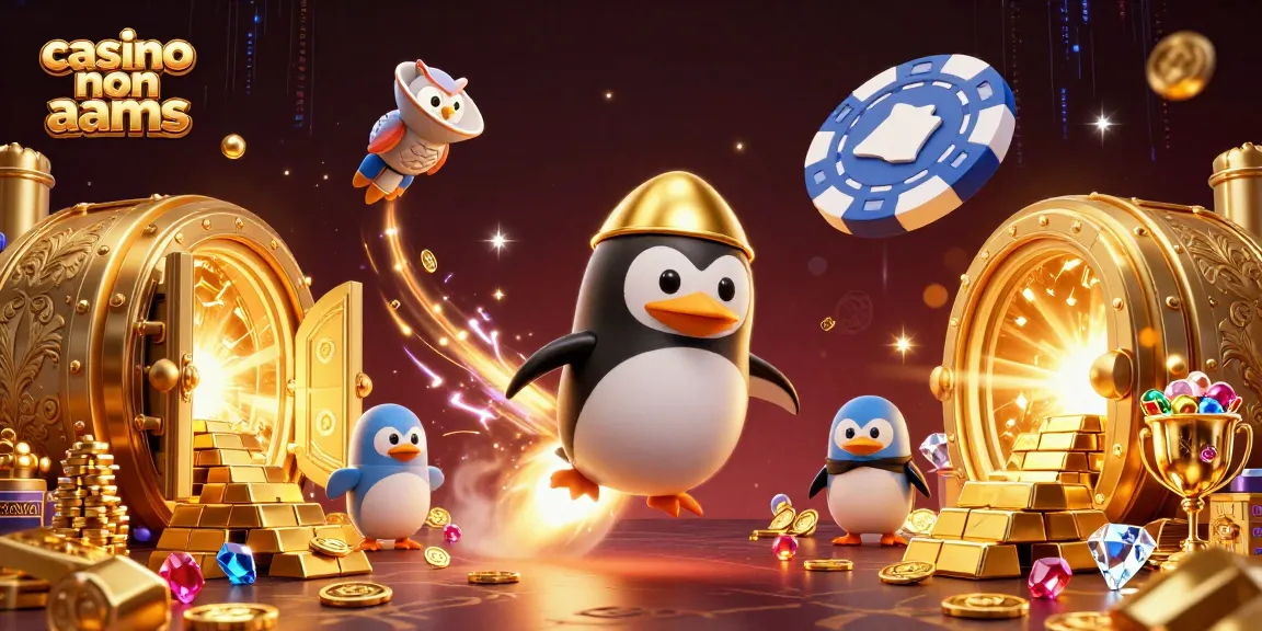 Gioca ai casino non AAMS con un pinguino d'oro che vola nello spazio verso un casinò unico.