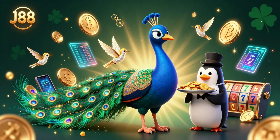 Join J88 for exciting gameplay with a vibrant casino scene featuring peacock and penguin characters.
