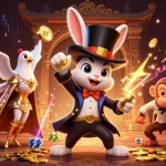 Play games with mmoo đăng nhập showcasing a magician rabbit, shimmering coins, and lively casino atmosphere.