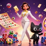 Experience the thrill of xxbb446 as a glamorous dealer captivates with cards amidst dynamic gaming elements.