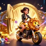 Nohu90 showcases a glamorous woman riding a golden lion amidst dazzling casino treasures.