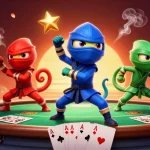Experience the thrill of vn168 with a dynamic scene of ninja chameleons at a vibrant poker table.