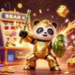 Experience thrilling gaming action with BET88 as a golden panda pilots a fighting robot in a vibrant casino.