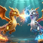 Engage with W69's vibrant casino scene showcasing fiery and icy dragons amidst slot reels and cryptocurrency elements.