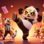 Engage with motphimchill's vibrant casino scene featuring a wrestling panda kicking amidst slot reels and golden confetti.