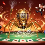 Experience the excitement of slot online with golden spiders and poker elements in a vibrant casino scene.