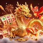 Unleash the excitement of slot depo 1000 with a vibrant 3D illustration of a golden dragon, phoenix, and koi fish amidst dynamic casino elements.