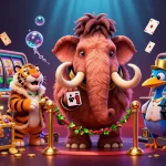 Dewatogel Asia Login showcases a vibrant casino scene with cartoon characters amid dynamic gaming elements.