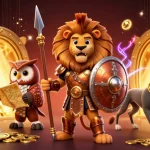 Jouer sur un site casino en ligne avec un lion SPARTAN, une chouette et un lévrier, entourés de trésors.
