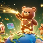 UU88 captures a 3D cartoon constellation bear scooping coins with vibrant casino elements.
