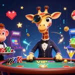 Découvrez une expérience immersive de casino en ligne avec une girafe élégante et un singe valet à une table de poker.