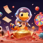 Engage with thrilling 7mcn casino action featuring a Martian gecko celebrating in a golden casino.