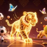 Jouez au casino en ligne avec une illustration dynamique de notre tigre doré et des ballons de sport.
