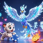 Engage with Bg678 login featuring a mystical ice phoenix, snow leopard, and vibrant arcade elements for casino fun.