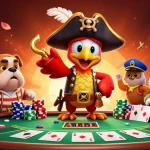 Play poker at Go8 with pirates, dogs, and cats in this thrilling casino scene.