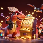Un pachicefalosauro colpisce una slot machine d'oro sui siti scommesse non AAMS per vincere monete jackpot.