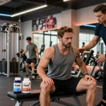 Astera Shop promoting health supplements in an energetic gym environment.