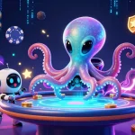 Illustration de casino en ligne avec un octopus extraterrestre jouant au poker sur une table holographique, entouré de machines à sous 3D.