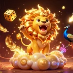 Experience the thrill of gambling with the bonus de casino lolajack featuring a roaring sun lion and golden dice.