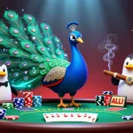 Experience thrilling poker action at xim with a vibrant peacock and sparkling chips in this captivating illustration.