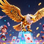 Jouez sur un casino en ligne avec des jeux et un aigle cybernétique dynamique parmi des cartes holographiques.