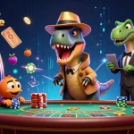 Jouer au casino en ligne: illustration dynamique avec un vélociraptor comptant des cartes.