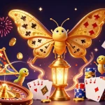 Jouez au casino en ligne avec une scène festive de machines à sous, jeux de table, et personnages colorés.