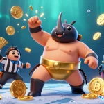 Gioca nel usdt casino mentre un campione su misura stende monete d'oro e si sfida in azione vibrante.