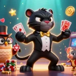 Jouer au casino en ligne avec élégance : une panthère en smoking distribue des cartes.