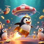 Experience the excitement of pg soft slots with the golden penguin soaring through casino-themed space.