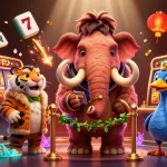 Casino en ligne avec un mammouth gardien vérifiant les pièces d'identité des invités, ambiance vibrante, jeux à chaque coin
