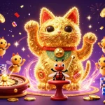 Gagnez sur casino en ligne avec un chat porte-bonheur accompagné de feux d'artifice.