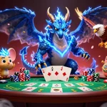 Play iwin with an electrifying 3D illustration of a dragon, hawk, and mouse in a dynamic casino scene.