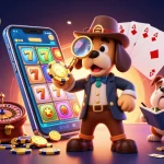 Illustration dynamique de casino en ligne avec un détective et son compagnon, révélant des indices.