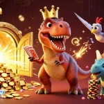 Experience thrilling gameplay with nohu90vn, where a golden crown-wearing T-Rex entertains at the card table.
