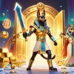 Plongez dans l'univers du casino en ligne avec Anubis et Bastet entourés d'or et de trésors scintillants.
