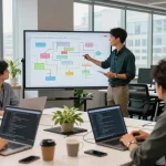 Engaged team at https://rtischeduler.co.uk/ brainstorming software solutions in a collaborative office environment.