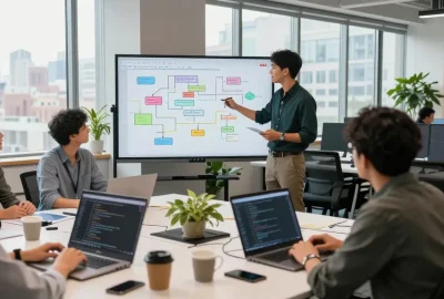 Engaged team at https://rtischeduler.co.uk/ brainstorming software solutions in a collaborative office environment.