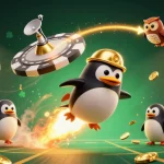 Plongez dans l'univers du casino en ligne avec un pingouin doré propulsé et des éléments ludiques autour.