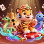Experience the thrill of sun win with vibrant casino-themed 3D illustration showcasing a tiger sultan amidst dazzling game elements.
