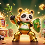 Une illustration 3D de casino en ligne avec un panda en mécha au milieu d'une explosion de jackpot.