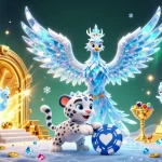 Une illustration 3D captivante mettant en avant le casino en ligne, avec un phénix de glace et un chat léopard.