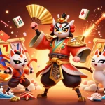 Illustration d'un kabuki guerrier et des symboles casino en ligne avec des couleurs vibrantes et des détails riches.
