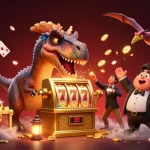 Des personnages animés au casino en ligne avec des machines à sous et des pièces d'or s'envolant.